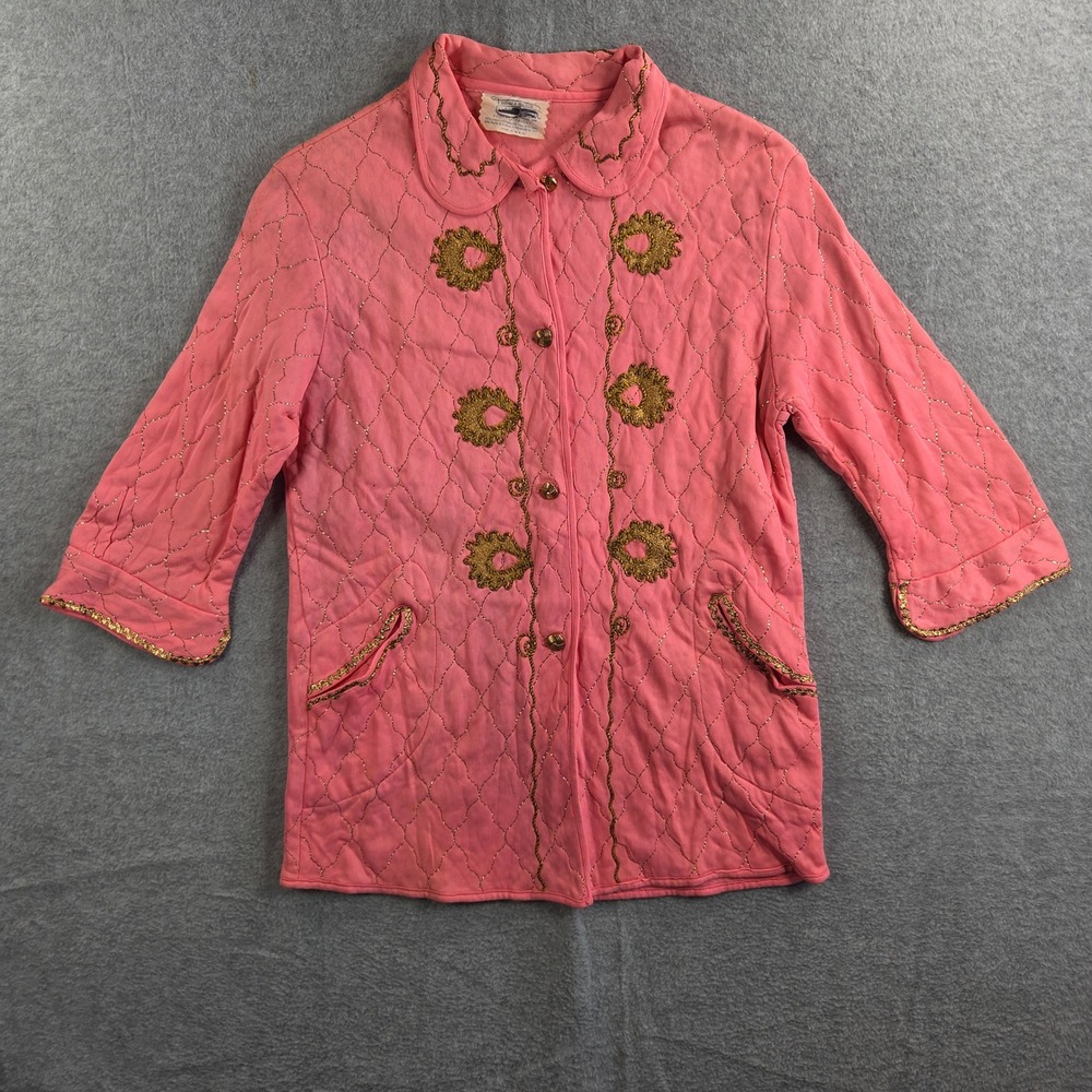 You're A Doll Quilted Jacket Women Large Pink Gold Metallic Vintage Button Front